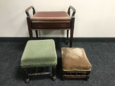 A Victorian inlaid mahogany piano stool and two Edwardian footstools