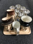 A tray of plated gallery tray and six wine glasses, two Masons pin dishes,
