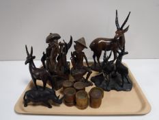 A tray containing wooden tourist animals and figures,