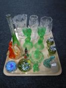 A tray of assorted glass ware including perfume bottle, paperweights, Art Deco candlesticks,