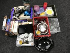 Six boxes containing board games, kitchen ware,