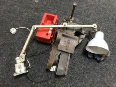 A box containing mid 20th century angle poise machinist's lamp,