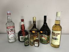 A tray containing alcohol including Smirnoff vodka, Bailey's, High Gold Scotch Whisky,