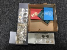 A box of French coins, British crowns, American Revolution Bicentenary medal,