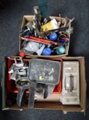 A boxed wall paper stripper, two boxes of hand tools, cobblers last, brass door handles,
