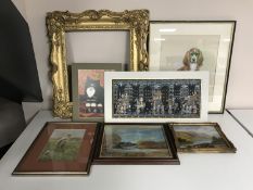 A Victorian gilt and gesso picture frame, two oil paintings, pastel drawing, Indian painting,