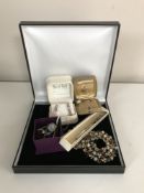 A 9ct gold opal triplet ring, together with a seed pearl set brooch, two pairs of earrings,