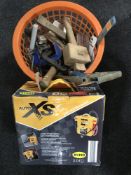 An Auto XS car jump starter, two boxes of hand tools, mitre saw, vintage brass fire extinguisher,