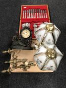 A teak canteen of Viner's silver bead cutlery together with a tray containing brass wall sconces,