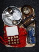 A tray of plated wares, copper finger bowl, sterling silver bracelet with heart locket,