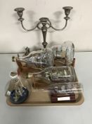 A tray of five ships in glass bottles, plated salt and pepper,