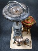 A tray of smoker's stand in the form of a stove, decorative red and gilt samovar,