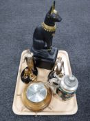 Three Franklin Mint figures together with a pewter lidded stein and a ships wheel barometer