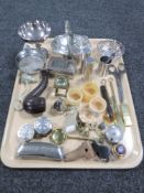 A tray of plated ware, pipe holder, napkin rings, mouth organ, whistles,