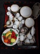 A crate and box containing assorted tea china and dinner ware, Noritake Signature Gold Service,