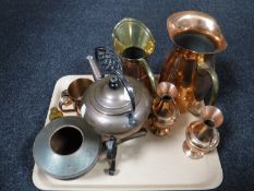 A tray of copper ware, kettle on stand, Moscow mule mug, miniature oil lamp,