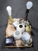 A tray of pottery table lamps and vases, continental figure of a dancer,