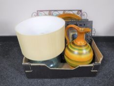 A box of metal framed mirror, glass table lamp and shade,