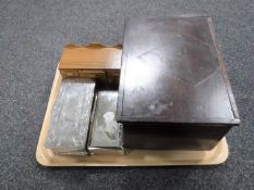 A tray of antique wooden storage box, silver plated cigar boxes, miniature sideboard.