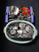 A box and basket containing sauce pans, cooking pots, stainless steel ware,