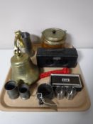 A tray of oak biscuit barrel, brass ship's bell, plated milk jug,