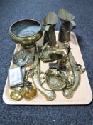 A tray of assorted brass ware, ornamental pistols, miniature gong and beater,