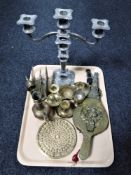 A tray of brass ware : bellows, horse brass, candle holders,