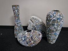 Three contemporary mosaic style vases and an ornament