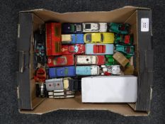 A box of play worn Dinky and Corgi to include Bat mobile, Chitty Chitty Bang Bang,