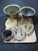 A tray of brass ware, planters,