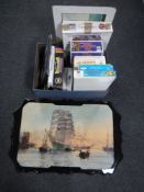 A box containing vintage board games, Airfix model of the Golden Hind, wireless controller,