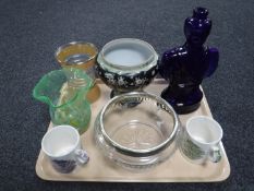 An Adelphi of New York crystal bowl with plated rim, Art glass vase, pair of antique Maling mugs,