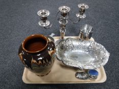 A tray of silver plated items including Elkington candelabrum, cocktail shaker,
