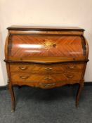 A continental Kingwood, marquetry and gilt metal mounted roll-top desk, 20th century,
