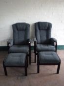 A pair of contemporary wood framed armchairs with stools in grey fabric