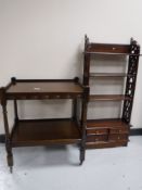 An oak trolley and set of narrow open shelves