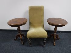 An early 20th century nursing chair in gold fabric and pair of wine tables