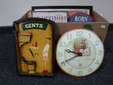 A box of contemporary wall plaques, metal tin drum Toy Company advertising clock,