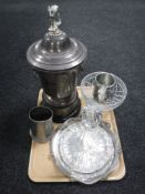 A tray of cut glass ships decanter and bowl, plated serving tray, horse racing trophy,