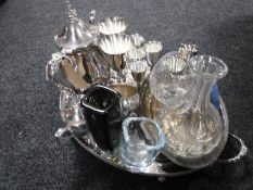 A tray of Viners plated tea service, plated goblets, glass ware, Holmegaard vase,