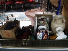 A brass fire curb together with a box and tray containing assorted vases, framed pictures,