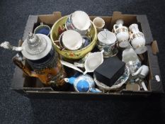 Two boxes of Booths Flora Dora tea china, beer stein,