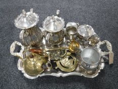 A plated twin handled serving tray, four piece plated tea service,