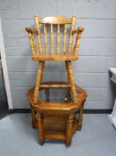 A pine kitchen armchair and an octagonal occasional table
