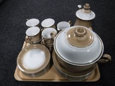 Two trays of fifty two pieces of Denby tea and dinner ware