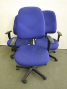 Three blue office swivel armchairs