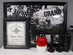A large contemporary framed print together with a metal French wine advertisement,
