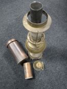 An antique brass paraffin lamp, copper sieve,