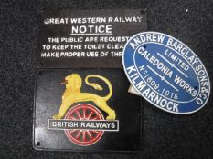 Three cast iron railway plaques