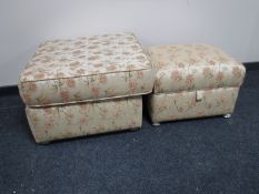 Two footstools in gold floral fabric